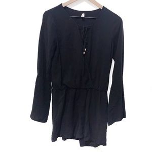 Socialite black bell sleeve romper play suit keyhole drawstring neckline medium